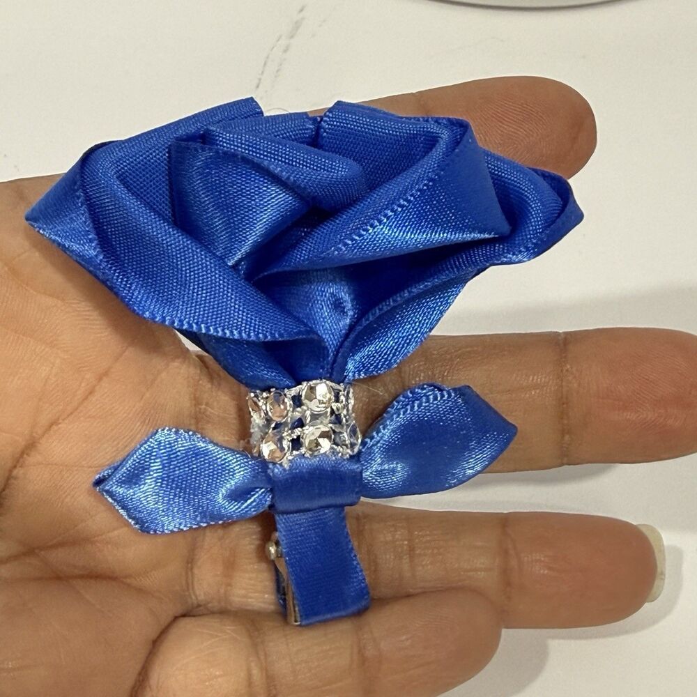 Handmade Satin Rose Hair Clip Blue Flower Bow Romantic Cottagecore 2.5 In - Picture 4 of 11